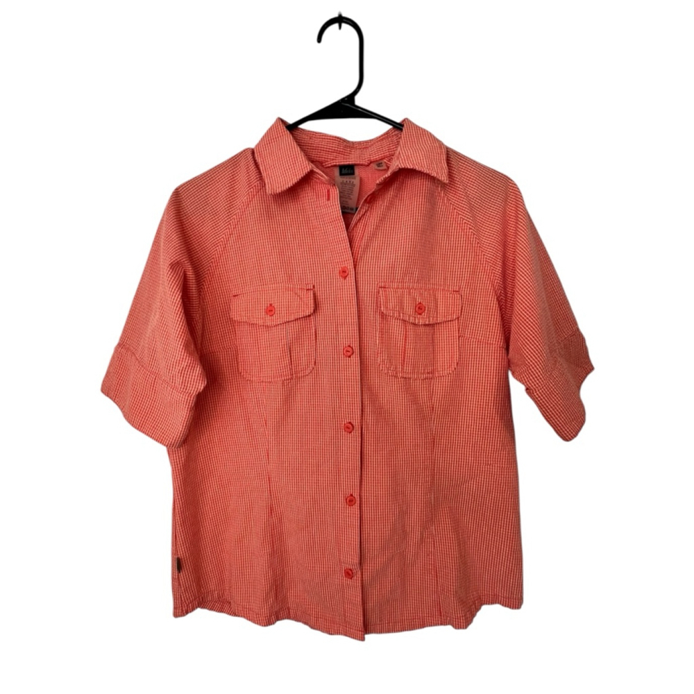 REI Red Orange Plaid Lightweight Button Up Short Sleeve Shirt
